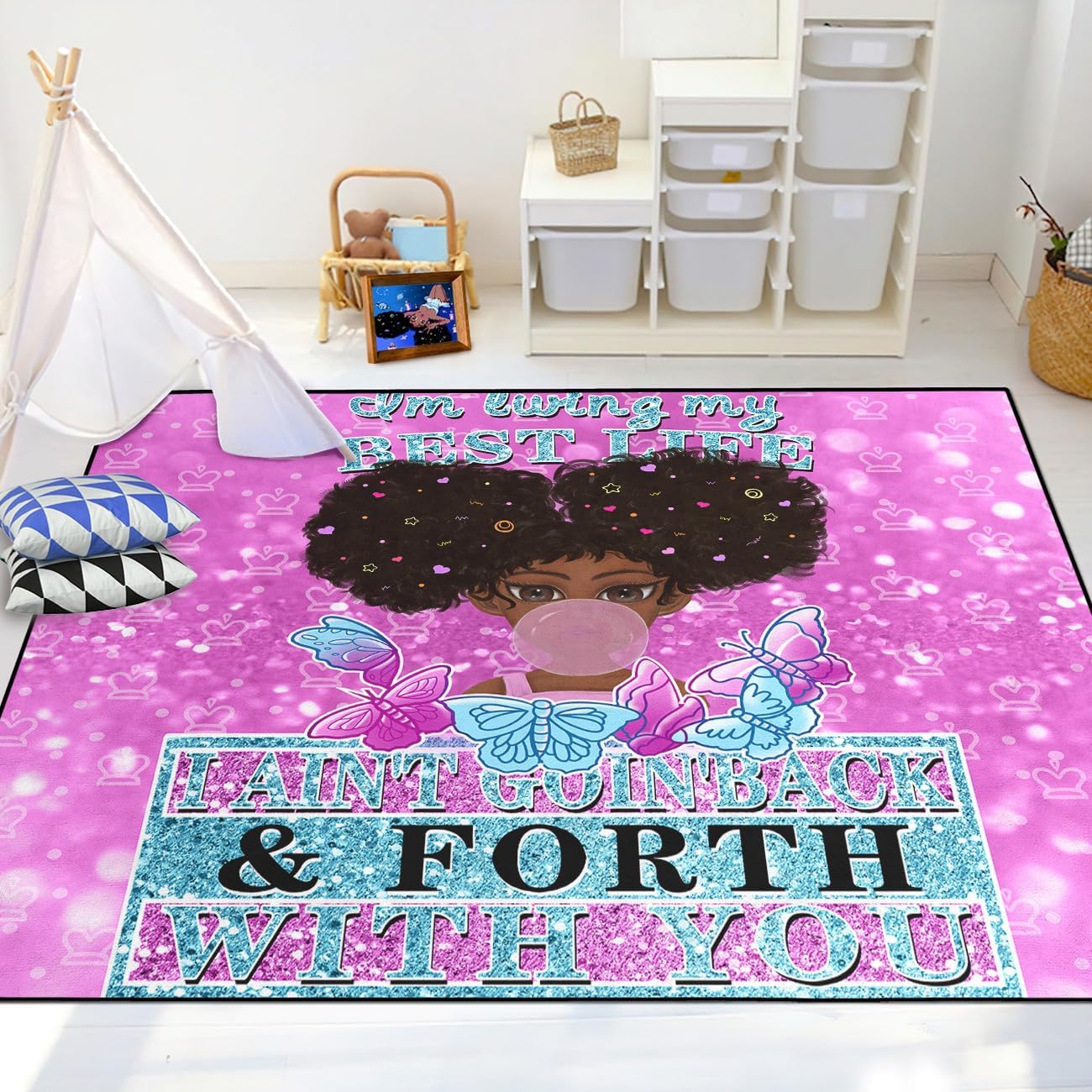 Black Girl Area Rug for Bedroom African Black Girls Floor Rugs for Living Room Playroom Cartoon Art Home Decor Soft Yoga Mats for Women Afro Purple 47" x 31" (2.7 x 3 Feet)
