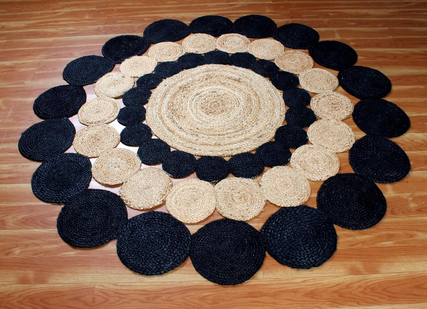 Collection Circle Area Rug - 3 x 3 Ft' Beige and Black Geometric Pettern Jute Mat Ideal for High Traffic Area in Hallway Bedroom Living Room Dining Room Kitchen Terrace Yoga Mat