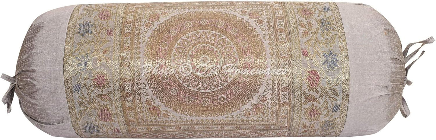 Indian Jacquard Brocade Silk Bolster Throw Pillow Covers Cylindrical Hotdog Grey Yoga Masand Home Decor Living Room Mandala Traditional Throw Cushion Cover 76x38 cm - 1 Pc