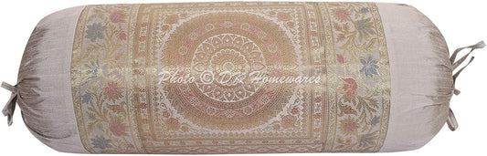 Indian Jacquard Brocade Silk Bolster Throw Pillow Covers Cylindrical Hotdog Grey Yoga Masand Home Decor Living Room Mandala Traditional Throw Cushion Cover 76x38 cm - 1 Pc