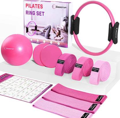 Goocrun Pilates Ring Set Exercise Equipment, with Exercise Resistance Bands Set, Pilates Ball, Sliding Disks. Portable Home Gym - with Fitness Guide Poster