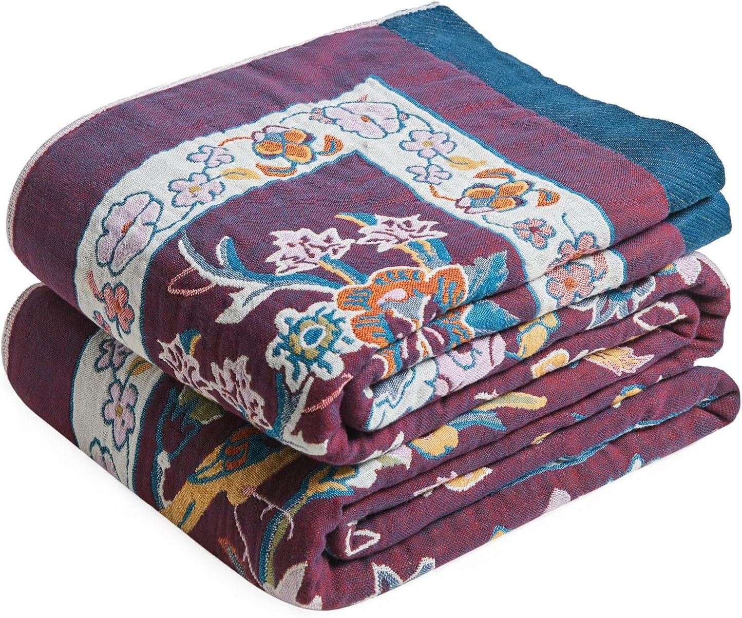 Boho Throw Blanket - 100% Cotton Soft Summer Throw Blanket for Bed, 50"x60" Reversible Breathable Lightweight Blankets, All Seasons Farmhouse Decor Floral Plant Butterfly Throw Quilt