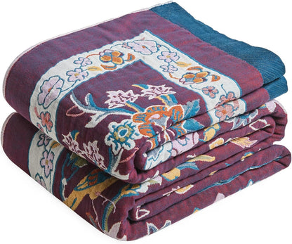 Boho Throw Blanket - 100% Cotton Soft Summer Throw Blanket for Bed, 50"x60" Reversible Breathable Lightweight Blankets, All Seasons Farmhouse Decor Floral Plant Butterfly Throw Quilt