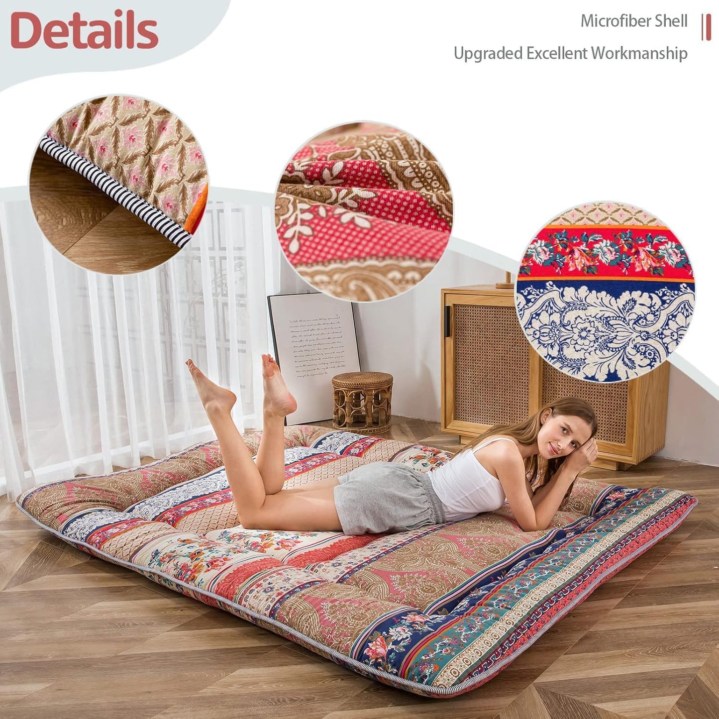 MAXYOYO Bohemian Retro Mattress Boho Floral Japanese Futon Mattress Tatami Floor Mat Foldable Portable Camping, Sleeping Pad, Lounger Couch Bed Full Size