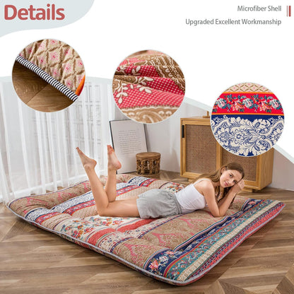 MAXYOYO Bohemian Retro Mattress Boho Floral Japanese Futon Mattress Tatami Floor Mat Foldable Portable Camping, Sleeping Pad, Lounger Couch Bed Full Size