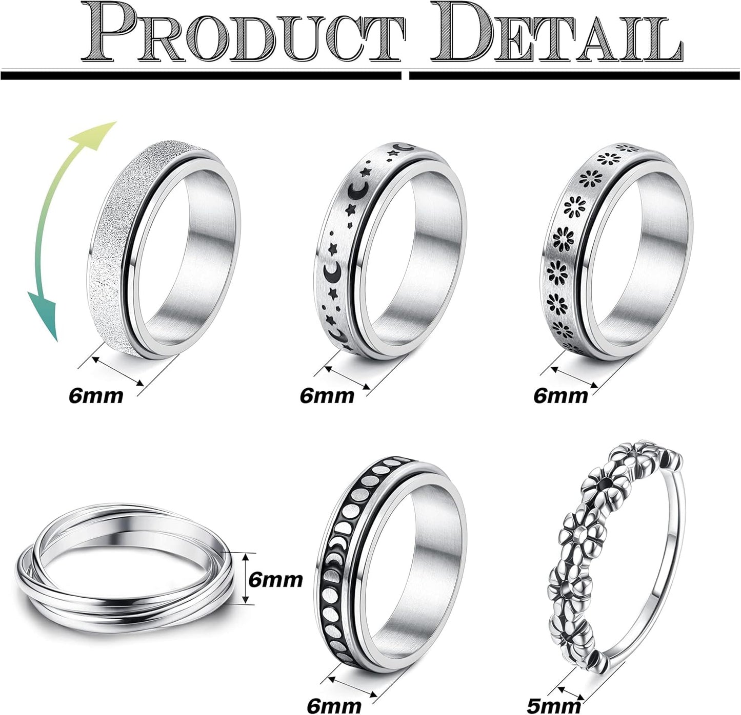 FUNRUN JEWELRY Stainless Steel Fidget Anxiety Ring for Women Men Fidget Spinner Rings Moon Star Celtic Stress Relieving Spinning Ring Wedding Band Rings Set,4-6Pcs