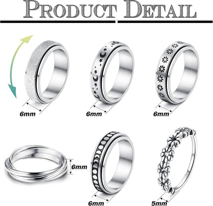 FUNRUN JEWELRY Stainless Steel Fidget Anxiety Ring for Women Men Fidget Spinner Rings Moon Star Celtic Stress Relieving Spinning Ring Wedding Band Rings Set,4-6Pcs