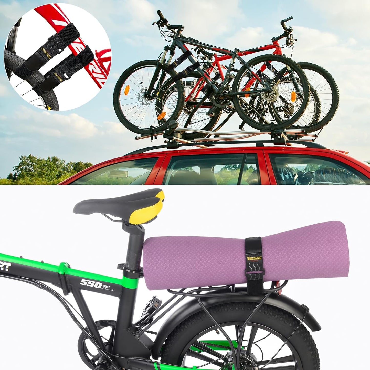 Trilancer Elastic Cinch Straps with Anti-Slip Strips, 24 "x 2" (4 Pack) Multipurpose Hook and Loop Bundling Straps for Hose, Cords, Bike, Luggage, Camping, Yoga Mats