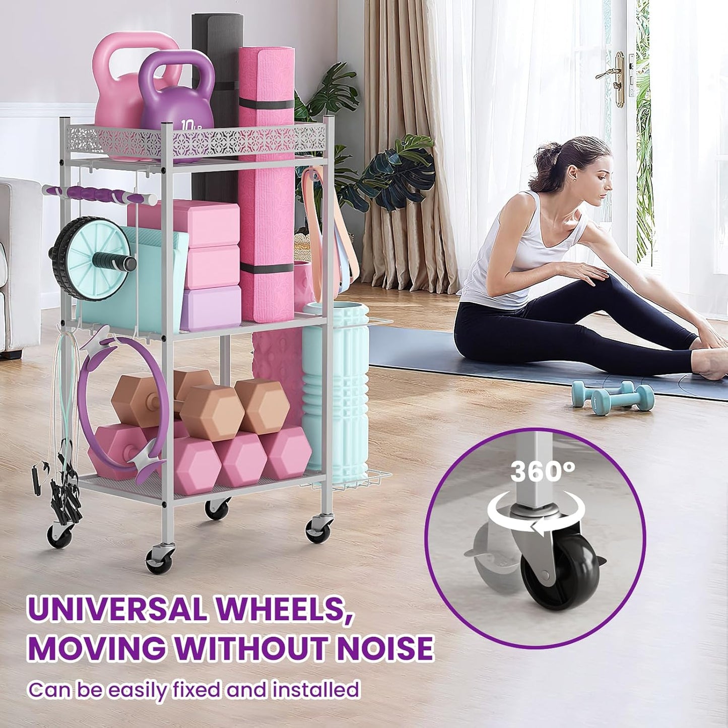 Yoga Mat Storage Rack, Home Gym Storage Rack, VOPEAK Workout Storage for Yoga Mat, Foam Roller, Gym Organizer Gym Equipment Storage for Home Exercise and Fitness Gear