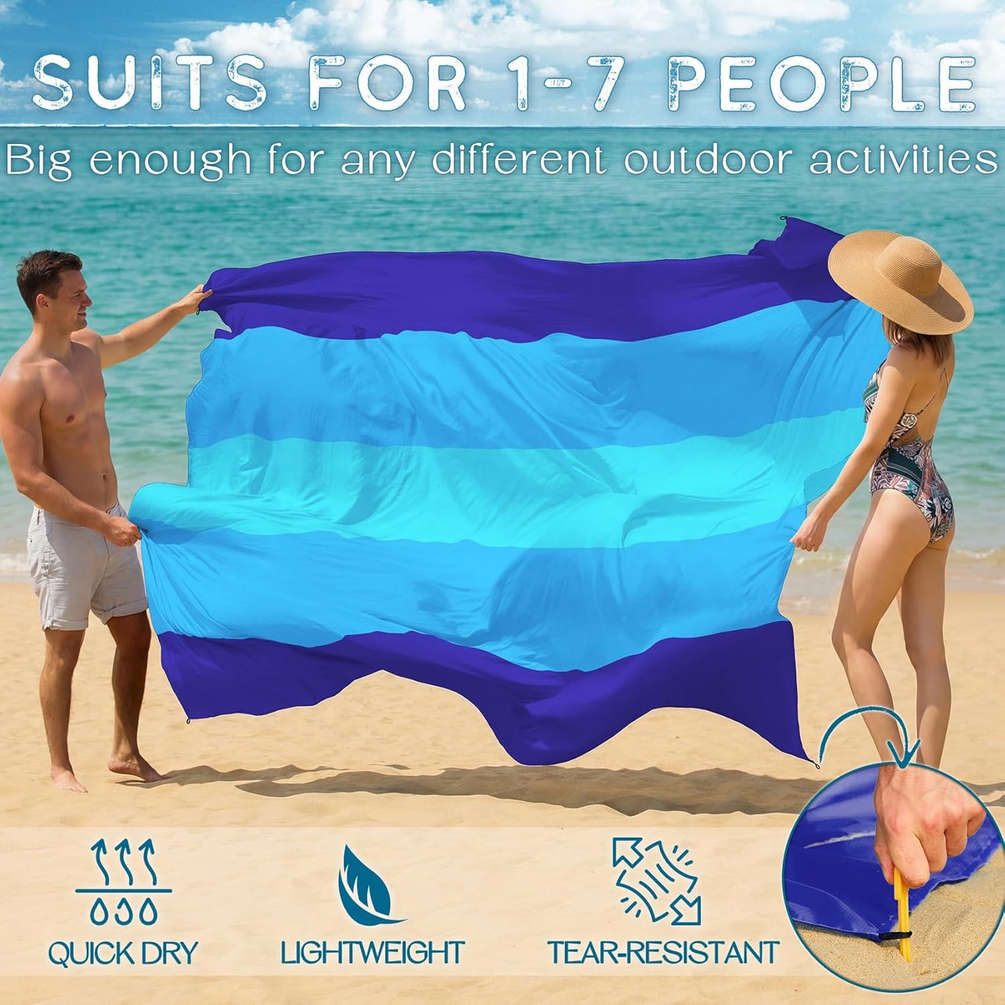 BYDOLL Beach Blanket Waterproof Sandproof Large Sand Free,78''X81''/10'X9' Oversized Sandless Lightweight Blanket Picnic Mat for Beach Travel Camping Hiking with Stakes