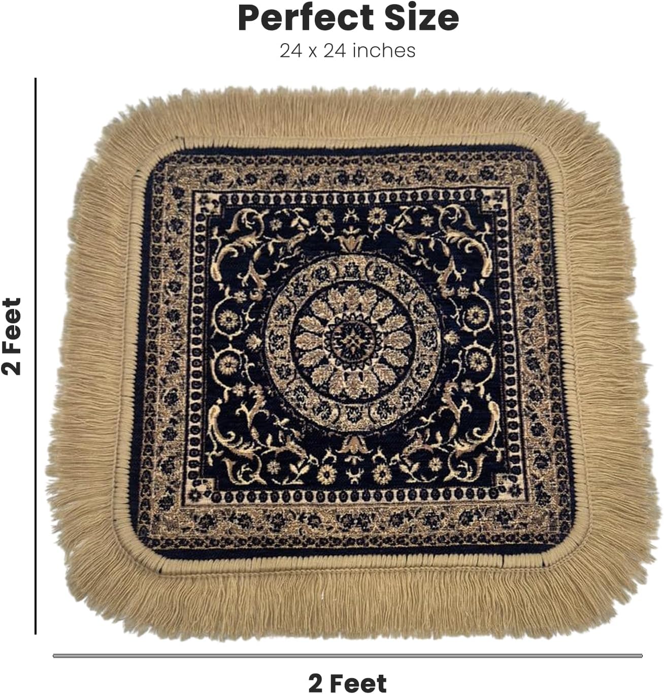 Soft Chenille Prayer Mat | Traditional Mandala Floral Pooja Aasan with Golden Fringes | Multipurpose Square Rug for Meditation, Yoga, Puja Room & Home (Red, 2x2 Feet)