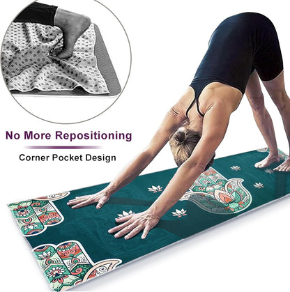 Yoga Mat Towel with Corner Pockets - Microfiber Yoga Towels for Hot Yoga Non Slip Moisture Wicking Sweat Absorbent, Tree of Life Yoga Towel Easy for Travel, Use in Hot Yoga,Bikram,Pilates and Fitness