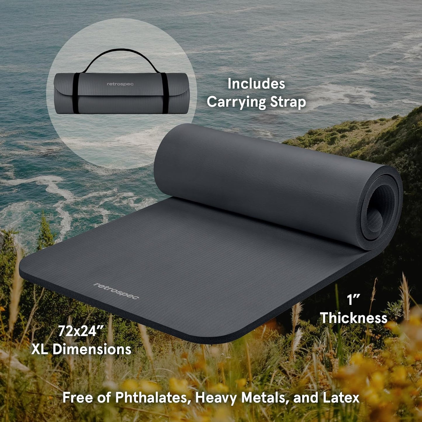 Retrospec Solana Yoga Mat 1" Thick w/Nylon Strap for Men & Women - Non Slip Exercise Mat for Home Yoga, Pilates, Stretching, Floor & Fitness Workouts