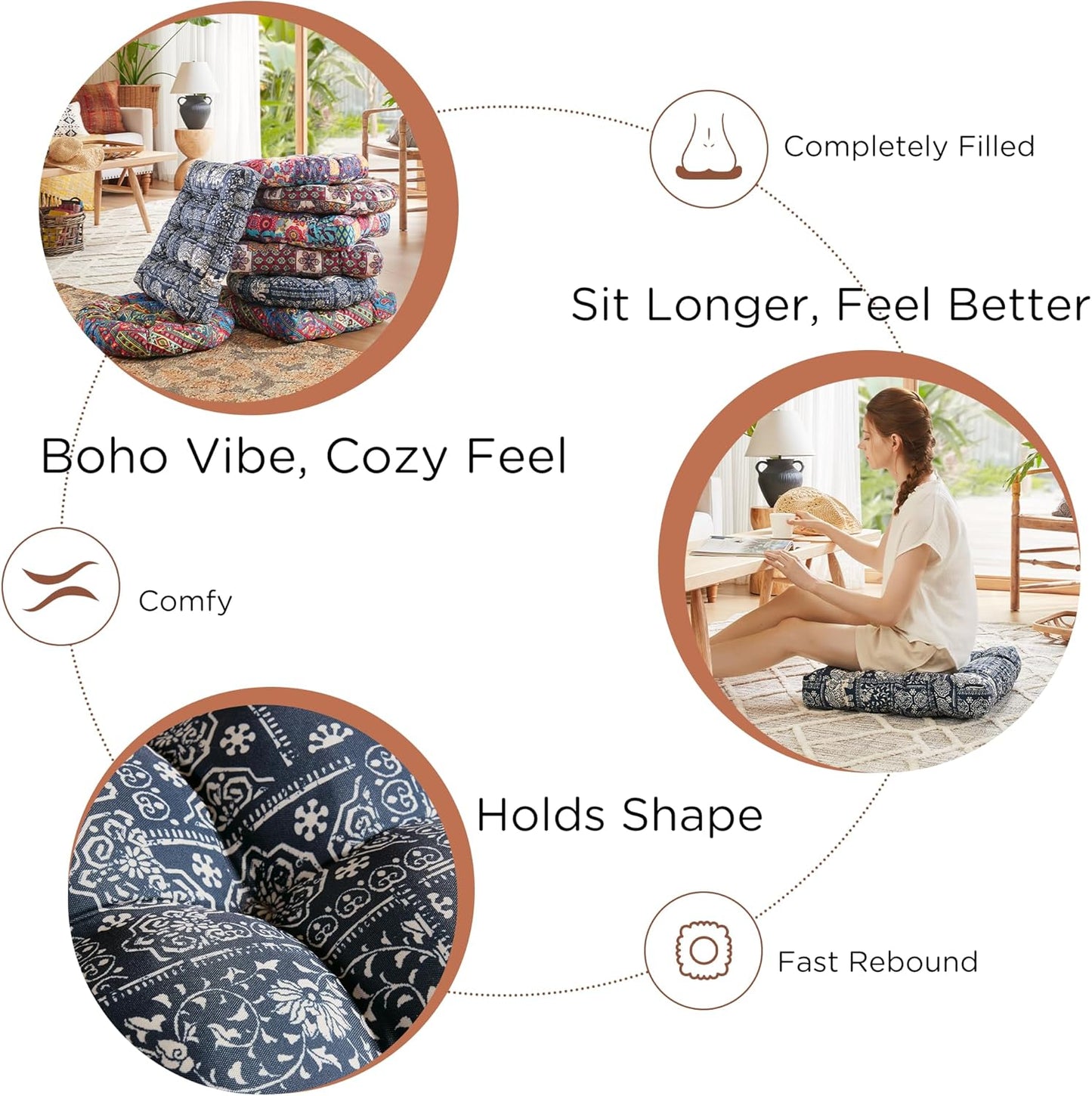 Codi Boho Floor Pillow, Large Meditation Cushion for Adults, Square Pillows Seating for Yoga Living Room Tatami Sitting Home Decor, Memory Foam Added, 22x22 Inch, Multi Patchwork