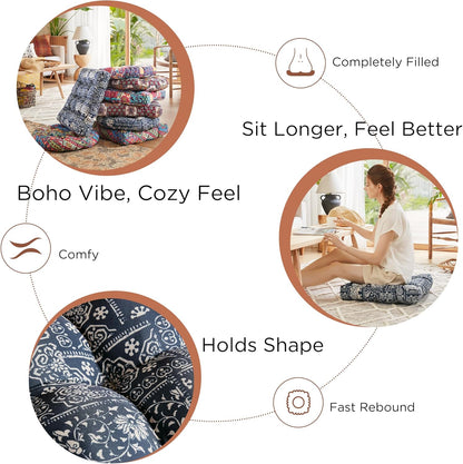 Codi Boho Floor Pillow, Large Meditation Cushion for Adults, Square Pillows Seating for Yoga Living Room Tatami Sitting Home Decor, Memory Foam Added, 22x22 Inch, Multi Patchwork