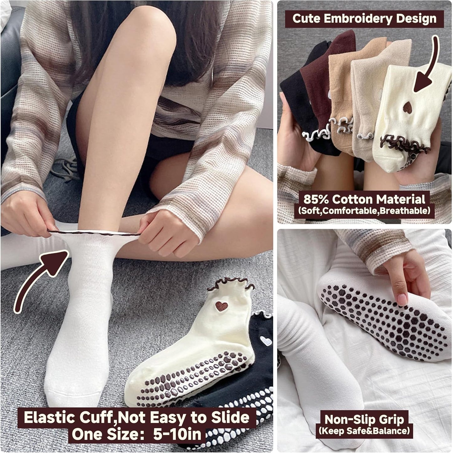 Grip Socks Pilates,4/6Pairs Cotton Cute Pilates Socks for Women, Ruffle Grippy Sock for Yoga Barre Hospital 5-10in