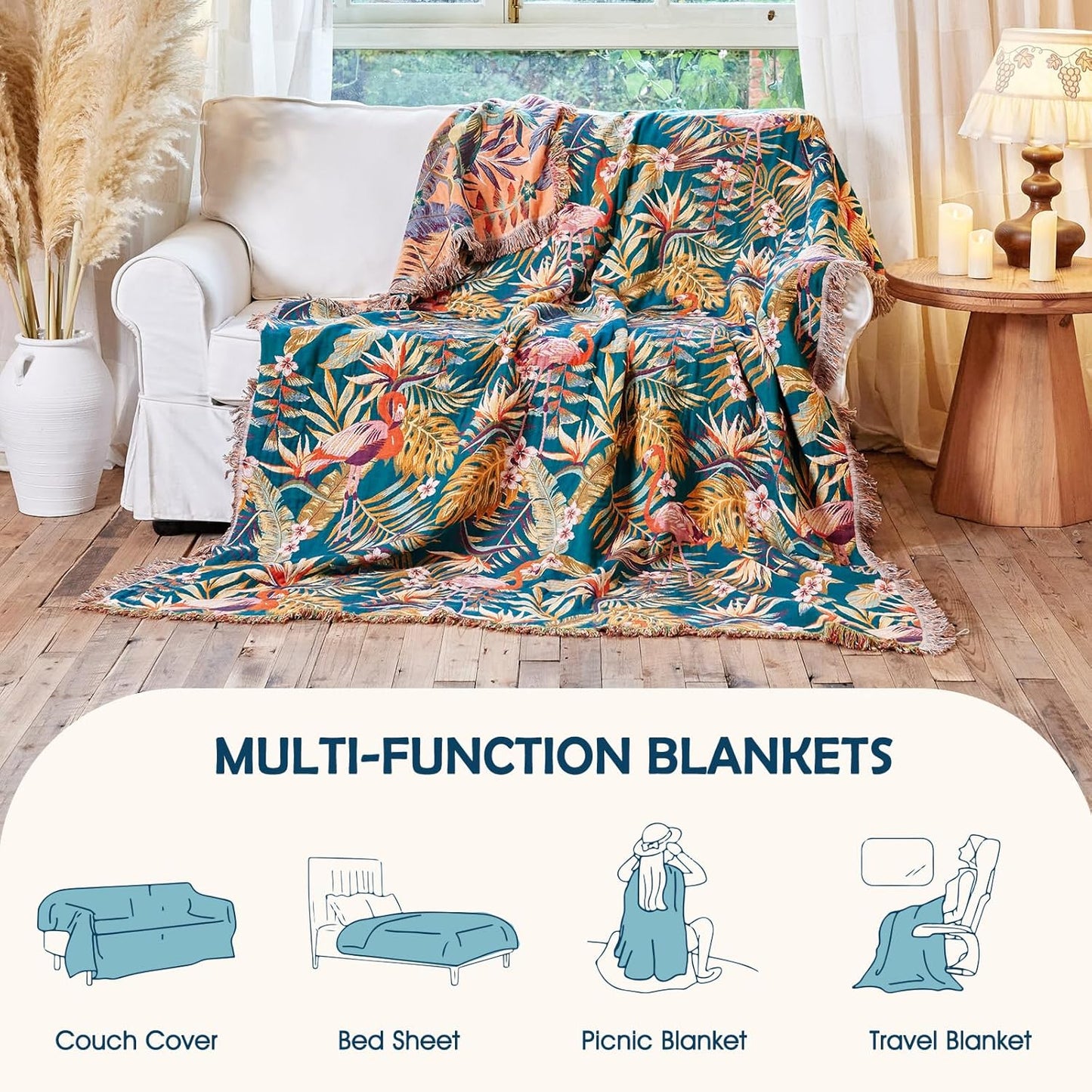 Boho Throw Blanket - 100% Cotton Soft Summer Throw Blanket for Bed, 50"x60" Reversible Breathable Lightweight Blankets, All Seasons Farmhouse Decor Floral Plant Butterfly Throw Quilt