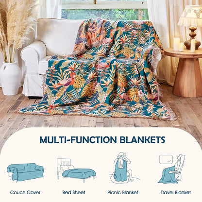 Boho Throw Blanket - 100% Cotton Soft Summer Throw Blanket for Bed, 50"x60" Reversible Breathable Lightweight Blankets, All Seasons Farmhouse Decor Floral Plant Butterfly Throw Quilt