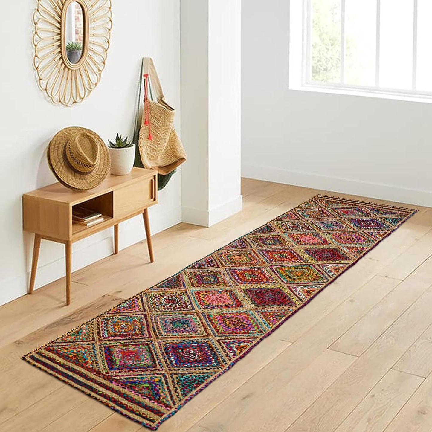 Kilim Rug 3' Round Area Rug Olive Beige White Braided Jute Carpet, Indoor Outdoor Flatweave Rug for Bedroom, Bedside, Kitchen, Beach & Terrace Yoga Mat - Colors B