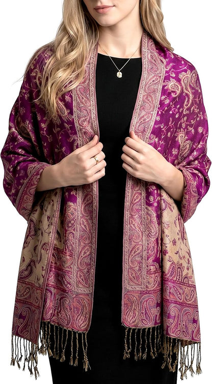 Achillea Reversible Paisley Pashmina Rave Scarf – Exotic Indian Shawls and Wraps for Evening Dresses, Festivals, All Seasons - Colors B