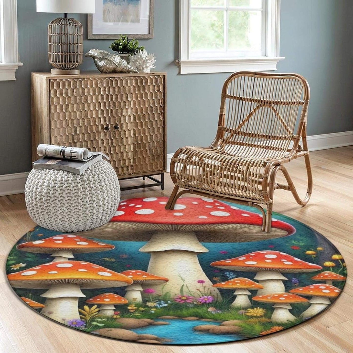 Large Home Decor Mat, Soft Round Yoga Carpet, Non Slip Machine Washable Home Office Circle Rug Gothic Witchy Sun Moon Mushroom Moth