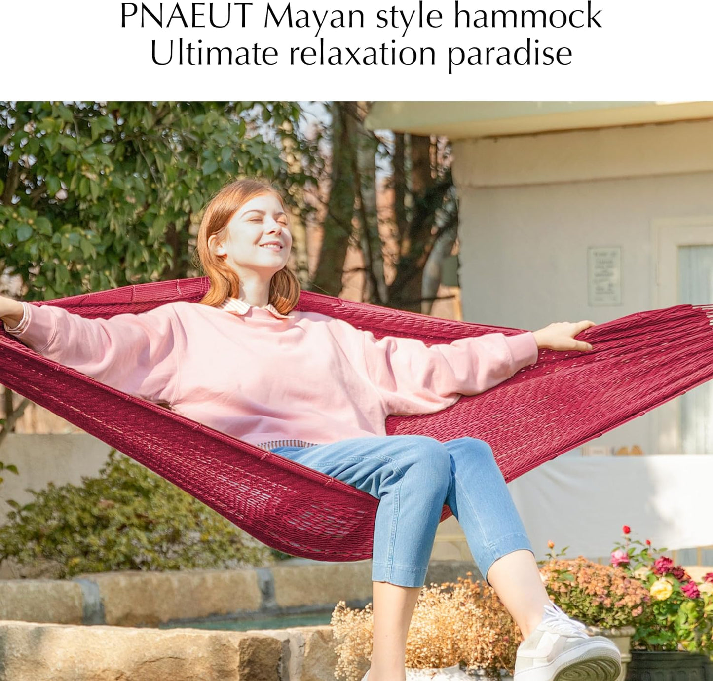 PNAEUT Handwoven Mayan Hammocks, Double Rope Hammock for Outdoor Outside & Indoor, Thick Soft 600 lbs Capacity Heavy-Duty, Includes Tree Straps, Carabiners & Carrying Bag (Nature, X-Large)
