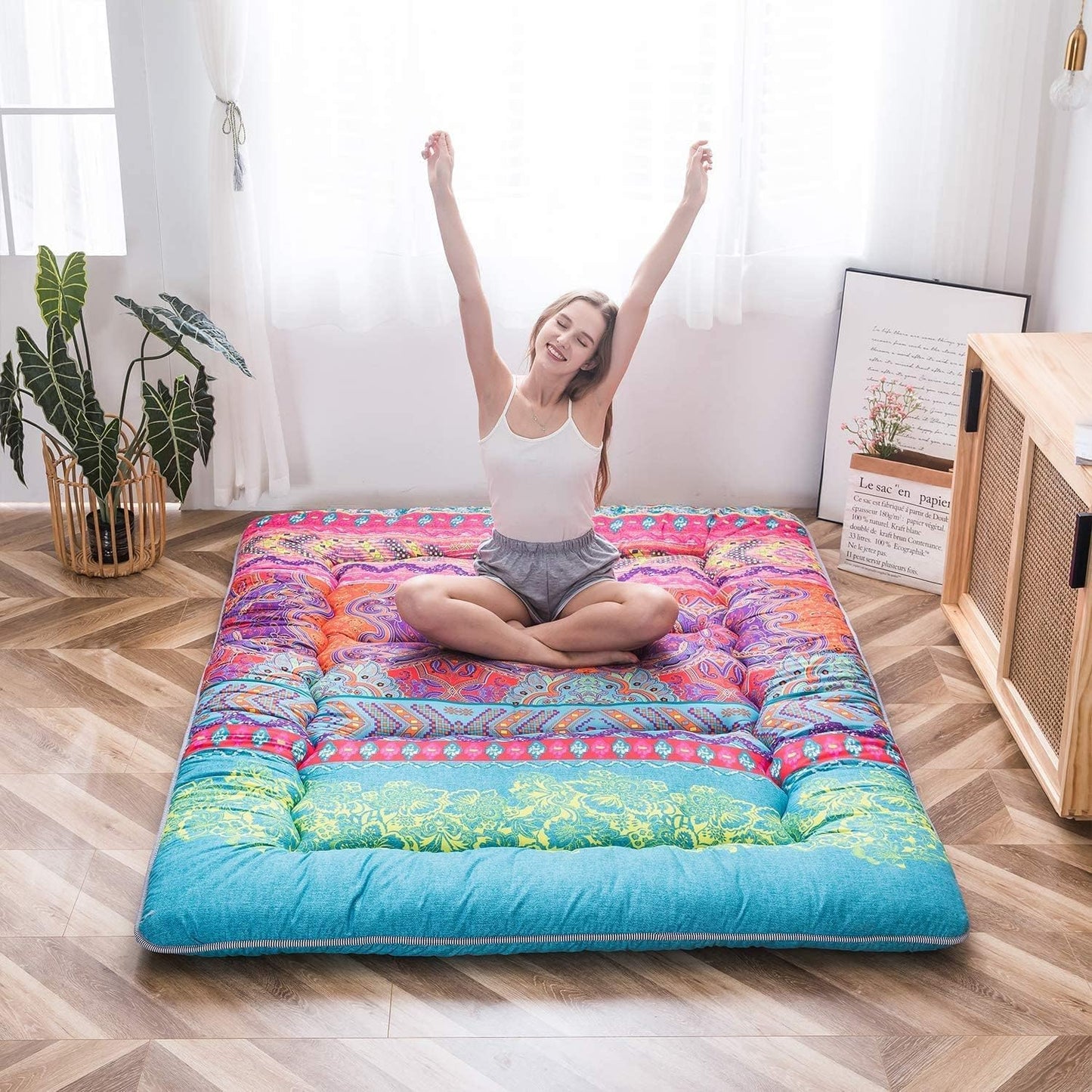 MAXYOYO Bohemian Retro Mattress Boho Floral Japanese Futon Mattress Tatami Floor Mat Foldable Portable Camping, Sleeping Pad, Lounger Couch Bed Full Size