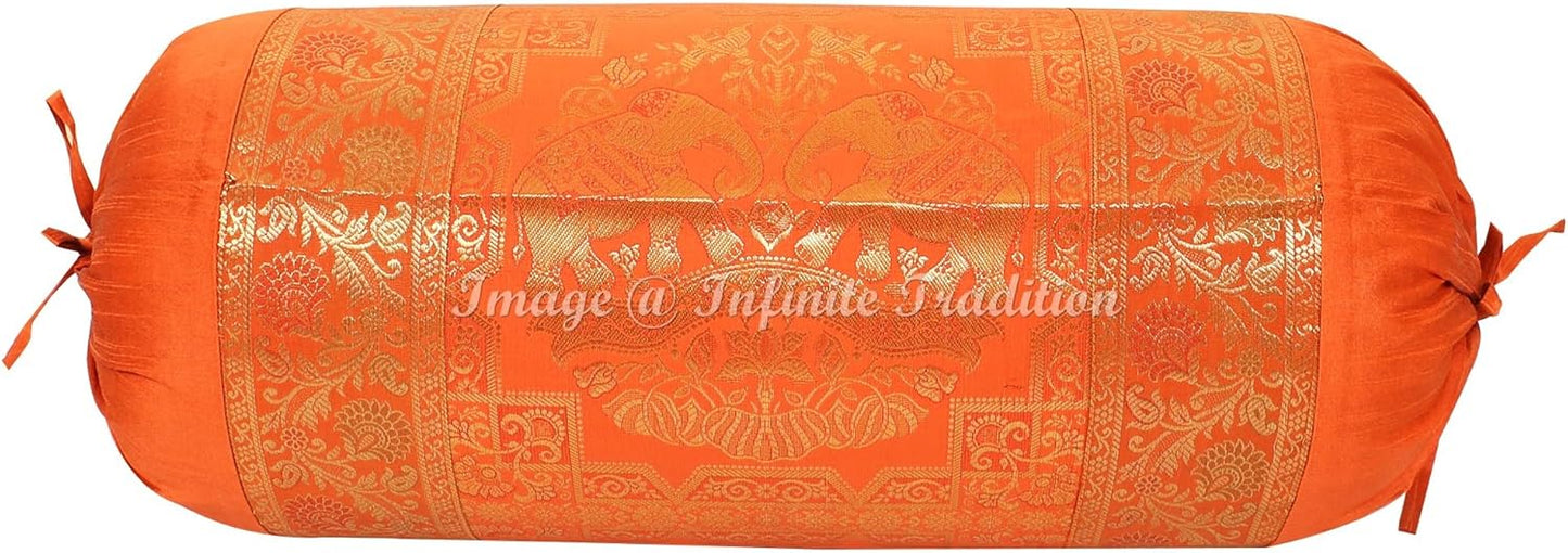 Indian Silk Bolster Tube Pillow Cover Cylindrical Orange Yoga Large Couch Round Decorative Cushion Cover Home Decor Living Room Elephant Throw Cushion Cover 30x15 inch (76x38cm) 1 Pc.