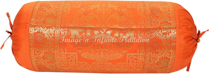 Indian Silk Bolster Tube Pillow Cover Cylindrical Orange Yoga Large Couch Round Decorative Cushion Cover Home Decor Living Room Elephant Throw Cushion Cover 30x15 inch (76x38cm) 1 Pc.