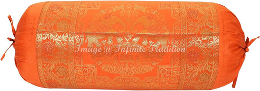 Indian Silk Bolster Tube Pillow Cover Cylindrical Orange Yoga Large Couch Round Decorative Cushion Cover Home Decor Living Room Elephant Throw Cushion Cover 30x15 inch (76x38cm) 1 Pc.