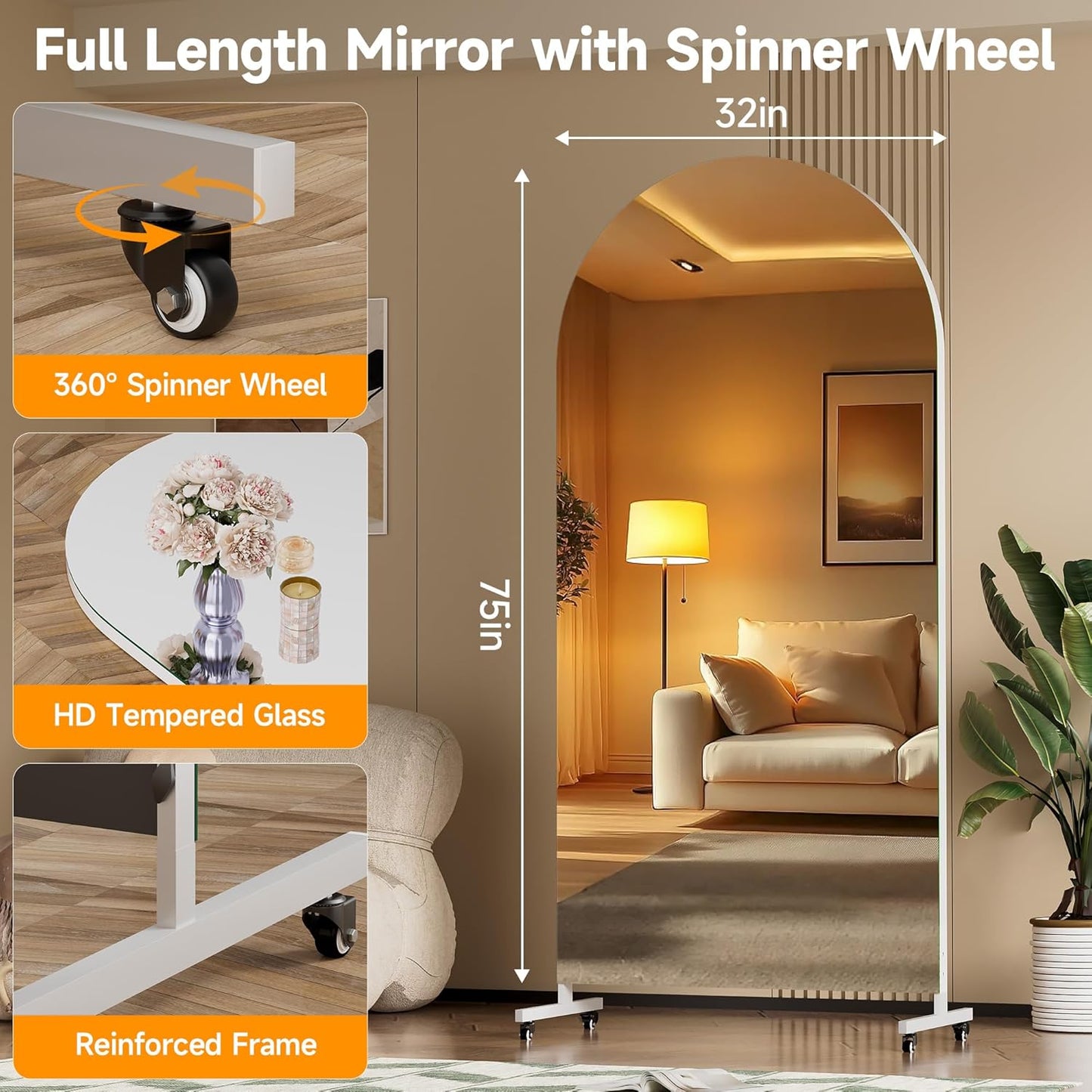 Hasipu 71" x 28" Arched Rolling Home Gym Mirror with Wheels, 360° Swivel Body Mirror with HD Tempered Glass, Large Floor Mirror for Yoga Room, Dance Studio, Bedroom & Home Gym