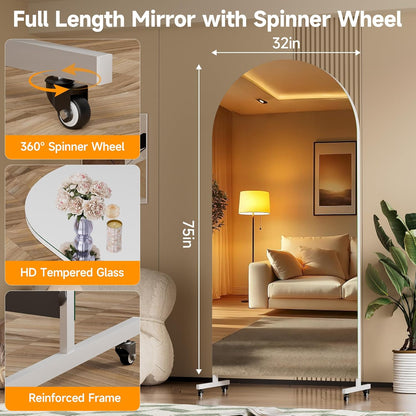 Hasipu 71" x 28" Arched Rolling Home Gym Mirror with Wheels, 360° Swivel Body Mirror with HD Tempered Glass, Large Floor Mirror for Yoga Room, Dance Studio, Bedroom & Home Gym