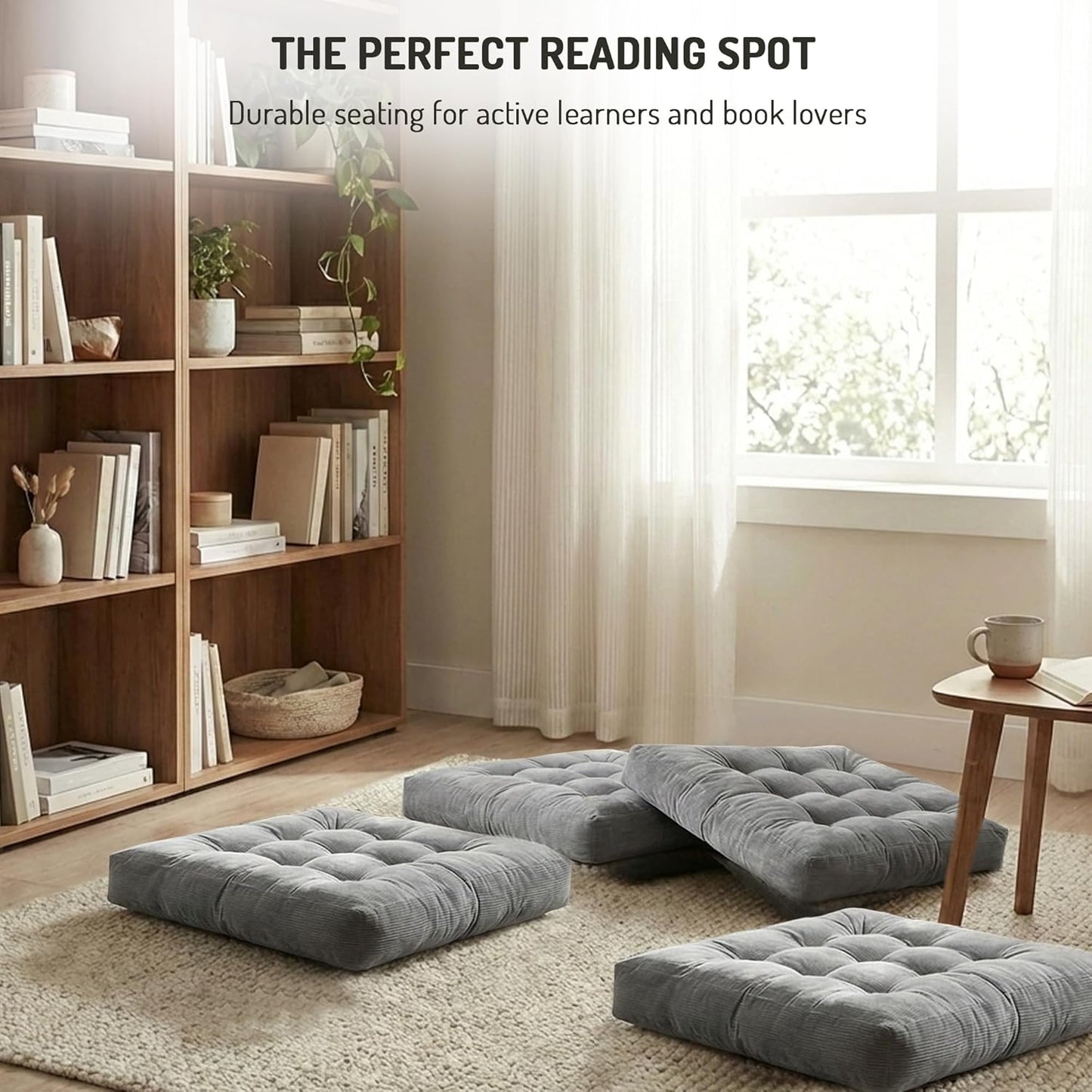Meditation Floor Pillow Set of 2, Round Large Pillows Seating for Adults, Tufted Corduroy Cushion for Living Room Tatami, Beige 22 Inch