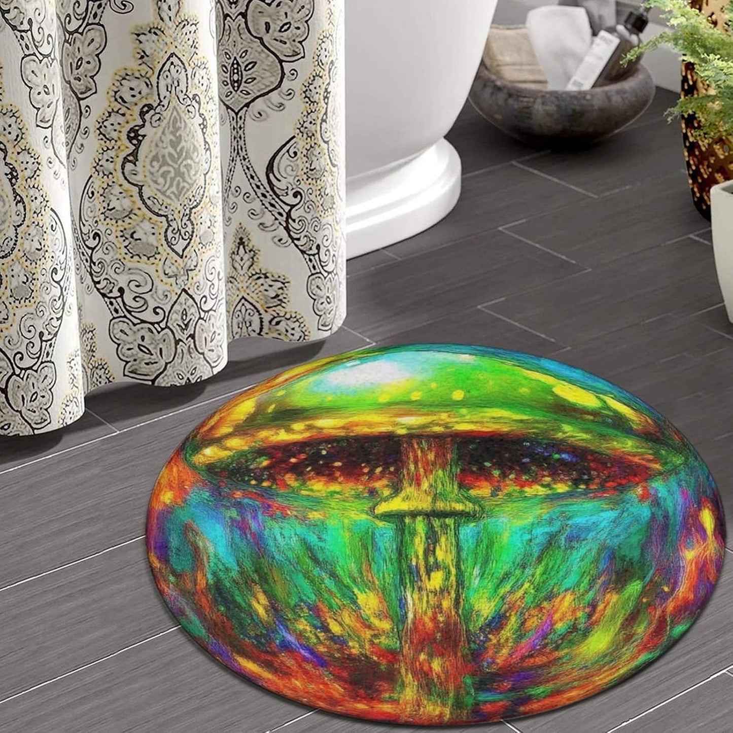 Machine Washable Modern Round Area Rug, Room Sofa Yoga Soft Round Carpet, Home Decor Non Slip Kitchen Office Circle Rug Trippy Rainbow Mushroom Tie Dye Art, 60inch