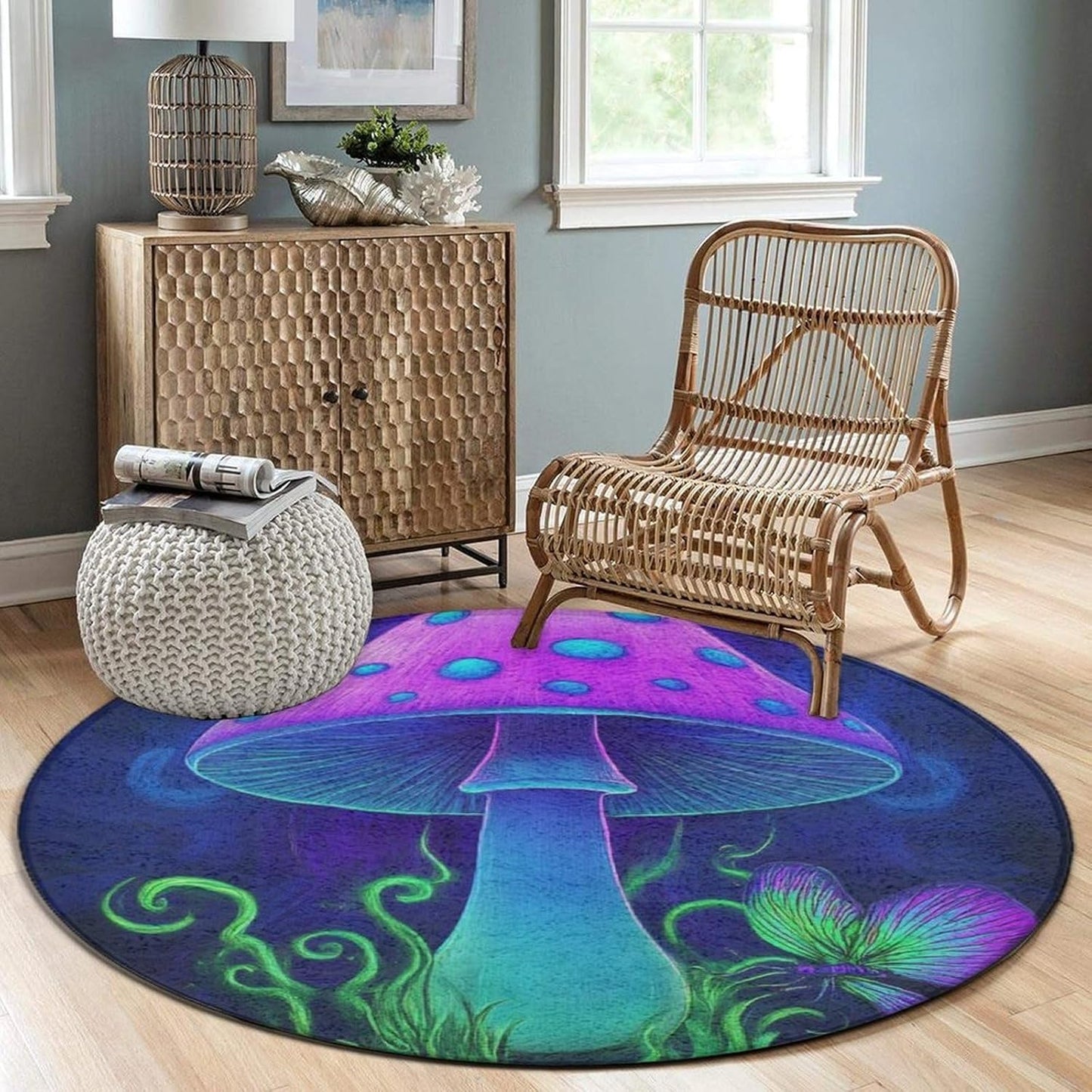 Home Decor Non Slip Kitchen Office Circle Rug, Machine Washable Modern Round Area Rug, Room Sofa Yoga Soft Round Carpet Purple Galaxy Trippy Space Astronaut Art, 36inch