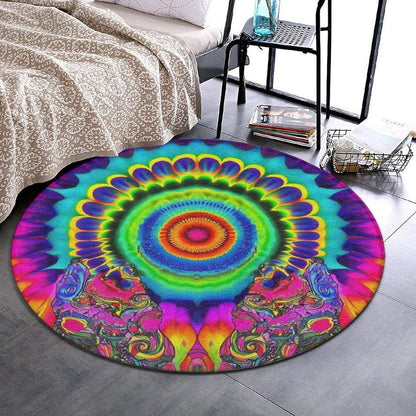 Machine Washable Modern Round Area Rug, Room Sofa Yoga Soft Round Carpet, Home Decor Non Slip Kitchen Office Circle Rug Trippy Rainbow Mushroom Tie Dye Art, 60inch