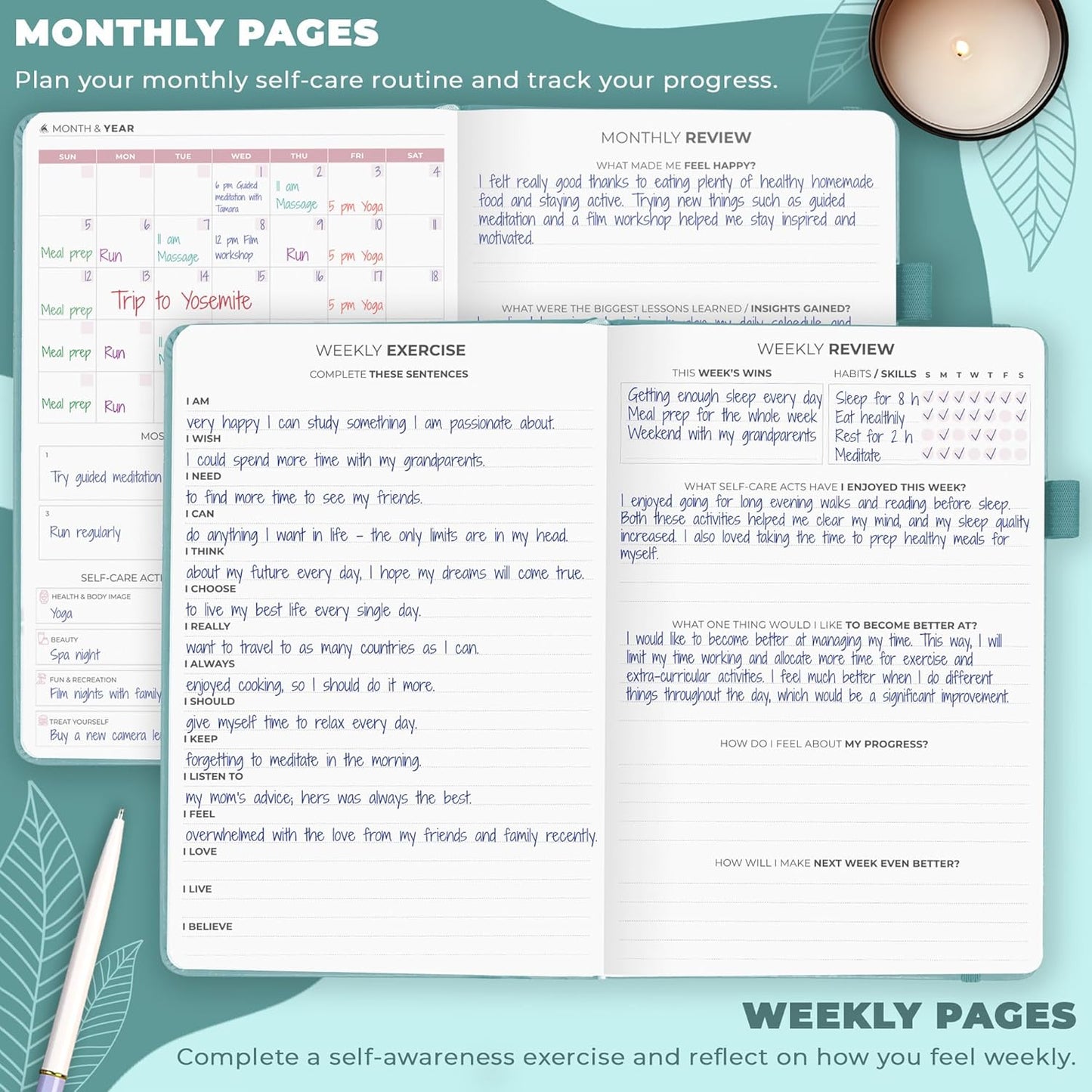 Clever Fox Self-Care Journal – Daily Reflection Notebook – Mental Health & Personal Development Planner, Meditation & Mood Log, A5 (Turquoise)