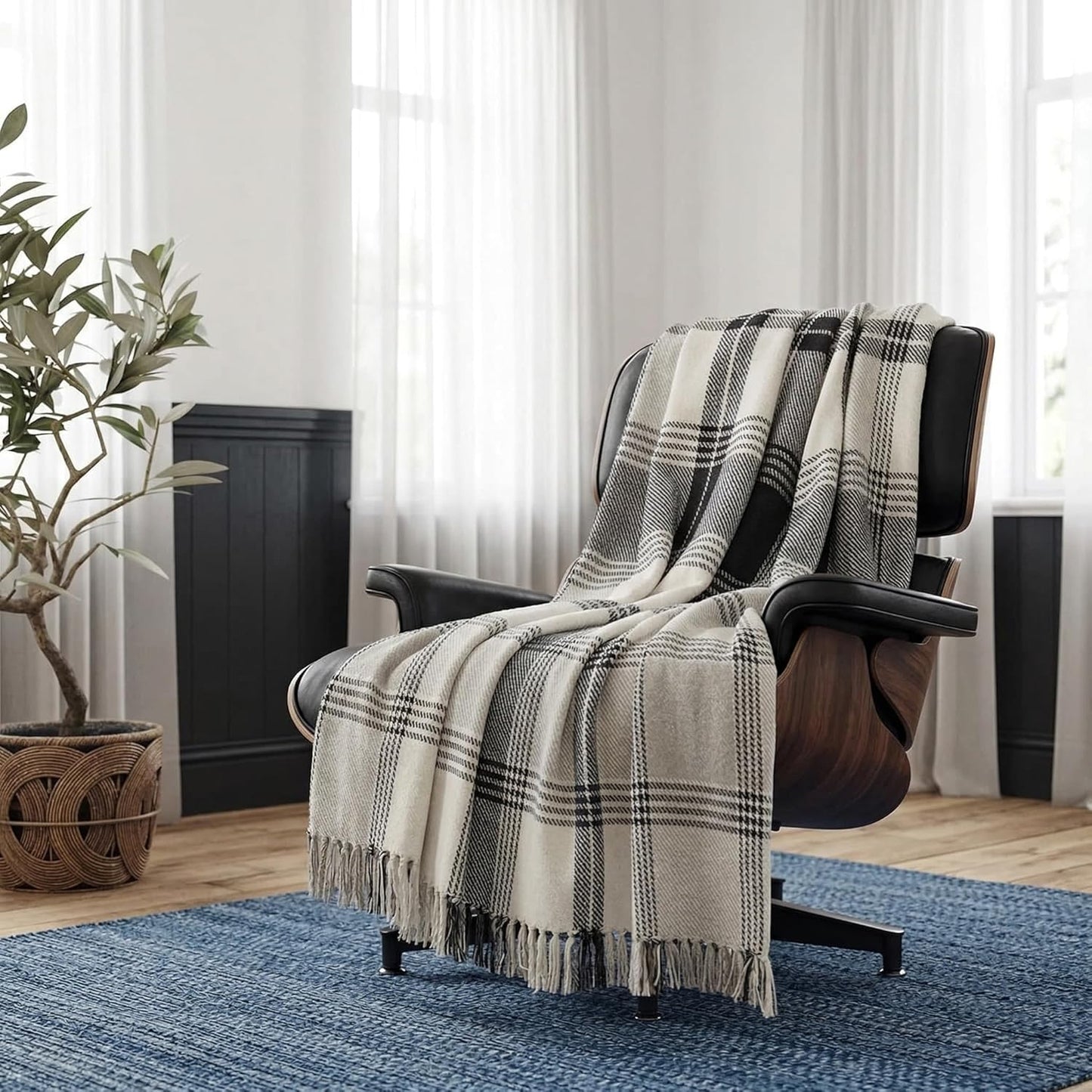 Americanflat 50x60 Throw Blanket - Soft and Breathable Cotton Throw Blanket for Couch, Bed, Chair - Decorative Blankets Perfect for Home or Outdoor Use - Navy Blue and White Double Diamond Design