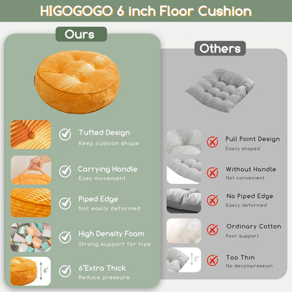 HIGOGOGO Floor Pillow Cushion for Adults, Meditation Cushion Pillow, Large Square Floor Sitting, Tufted Corduroy Cover, for Tatami Living Room or Yoga, 22x22 Inch, Dark Grey