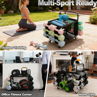 All-in-One Home Gym Storage Cart with Wheels and Handle, 2-Tier Heavy Duty Adjustable Weight Rack for Small Dumbbells, Kettlebells,Yoga Mats, Fitness Gear