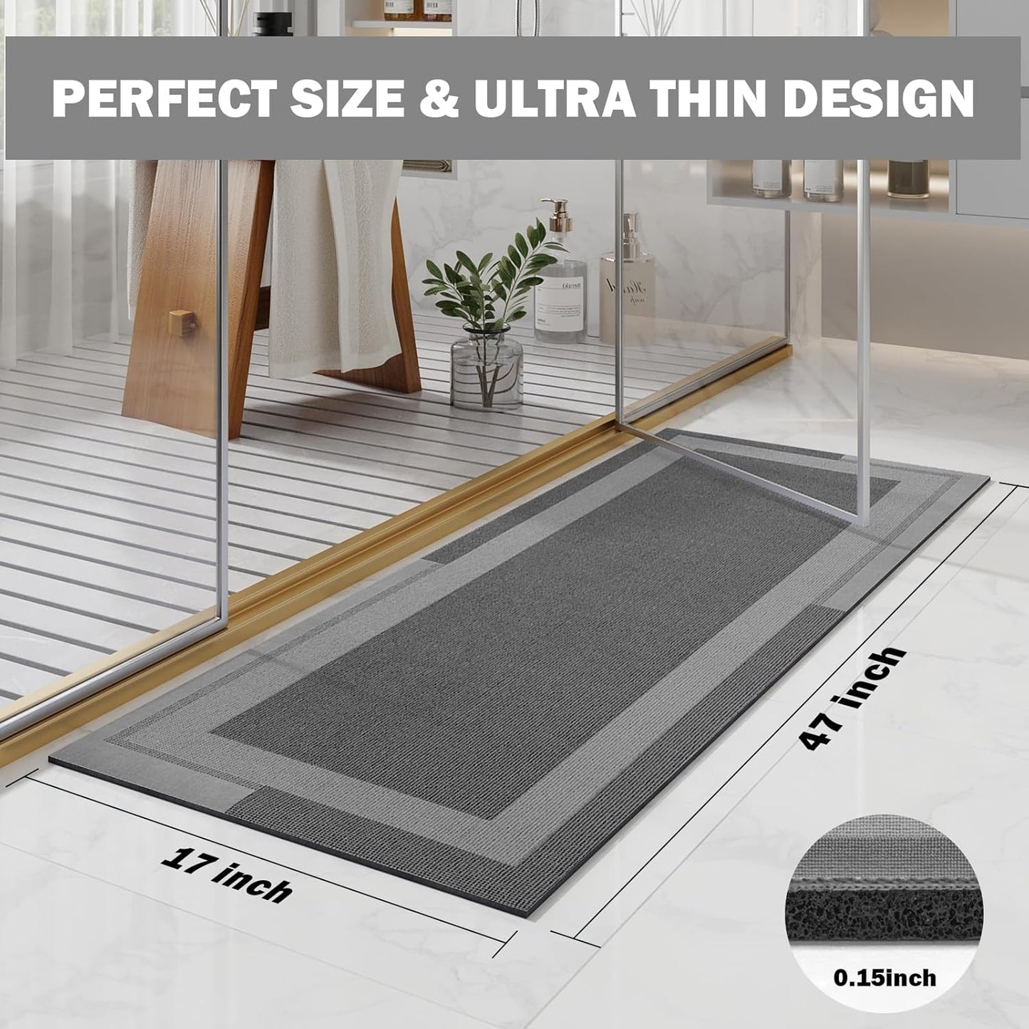YDKGL Non Slip Long Bath Mat Bathroom Runner, Rubber Backing Ultra Thin Bathroom Rugs Fit Under Door Quick Dry Super Absorbent Washable Bath Rug Shower Mat for Bathtub Sink Floor, Dark Gray 17"x47"