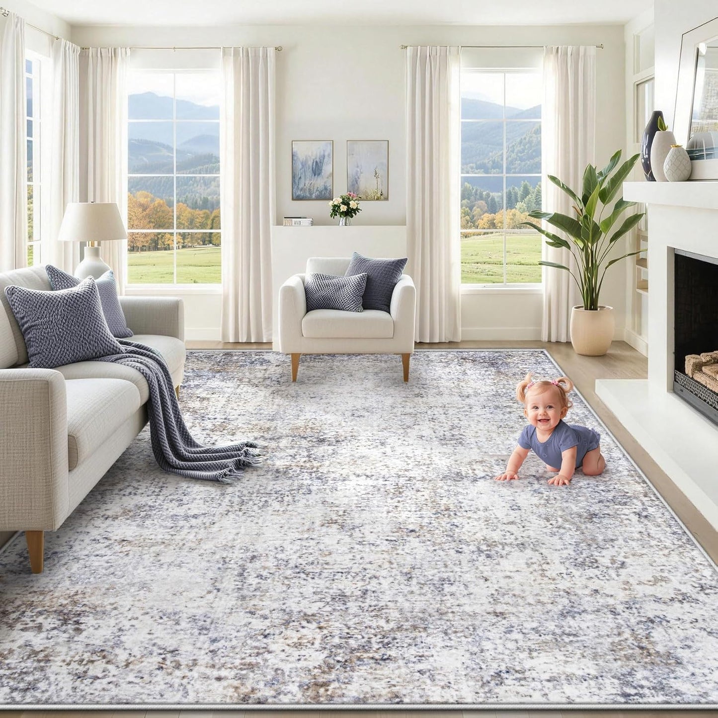 XLUEZ 8x10 Area Rugs for Living Room, Washable Modern Abstract Large Area Rug Neutral Soft Non Slip Kids Rug Stain Resistant Indoor Carpet for Bedroom Nursery Dining Children's Room(Blue, 8'x10')