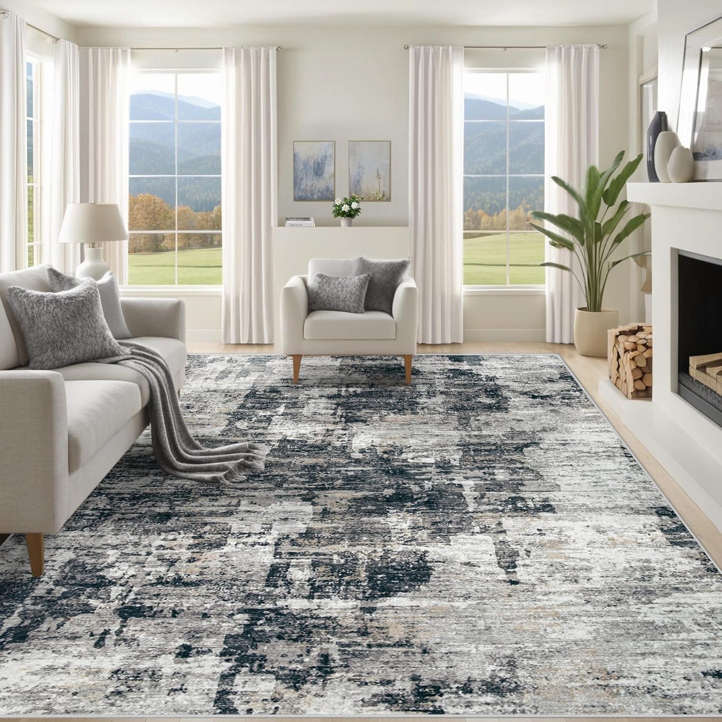 XLUEZ 8x10 Area Rugs for Living Room, Washable Modern Abstract Large Area Rug Neutral Soft Non Slip Kids Rug Stain Resistant Indoor Carpet for Bedroom Nursery Dining Children's Room(Blue, 8'x10')