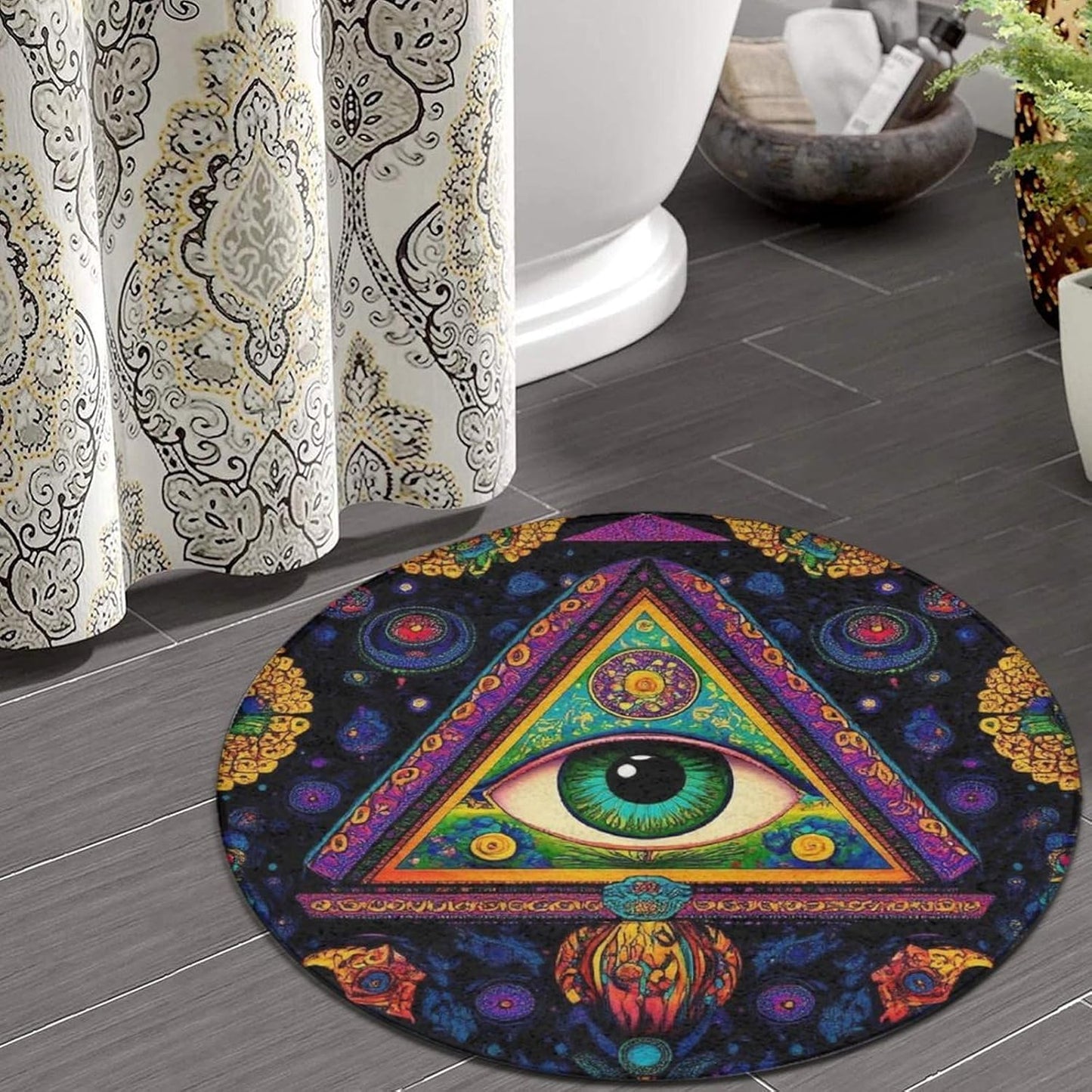 Machine Washable Modern Round Area Rug, Room Sofa Yoga Soft Round Carpet, Home Decor Non Slip Kitchen Office Circle Rug Trippy Rainbow Mushroom Tie Dye Art, 60inch