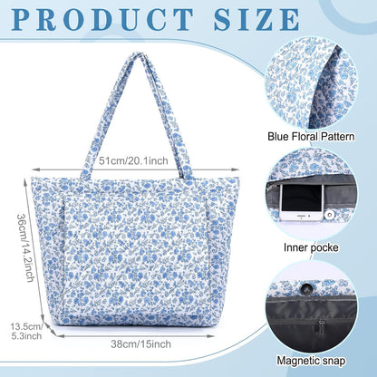 Sadnyy Blue Floral Quilted Yoga Bags with Mat Pocket for Women, Cute Cotton Floral Yoga Tote Carrier with Shoulder Strap, Ideal for Pilates, Travel, Office, Beach & Workout