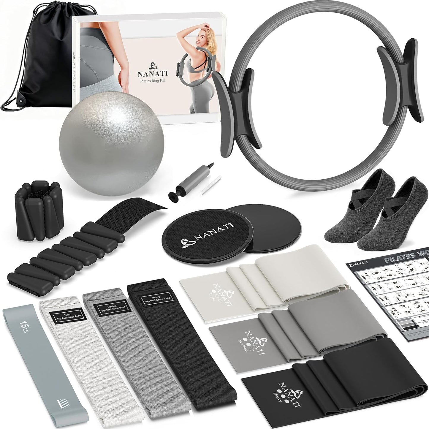 NANATI Pilates Kit, Home Pilates Workout Kit for Women, Pilates Equipment with 14.5" Pilates Ring and Ball, Resistance Bands, Ankle Weights, Sliders & Grip Socks Accessories for Starter Home Workouts