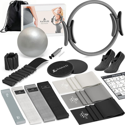 NANATI Pilates Kit, Home Pilates Workout Kit for Women, Pilates Equipment with 14.5" Pilates Ring and Ball, Resistance Bands, Ankle Weights, Sliders & Grip Socks Accessories for Starter Home Workouts