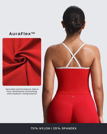 Aoxjox Women's Workout Sleeveless Color Block Lexi Tank Tops Contrasting Strap Cross Back Yoga Curve Longline Crop Top