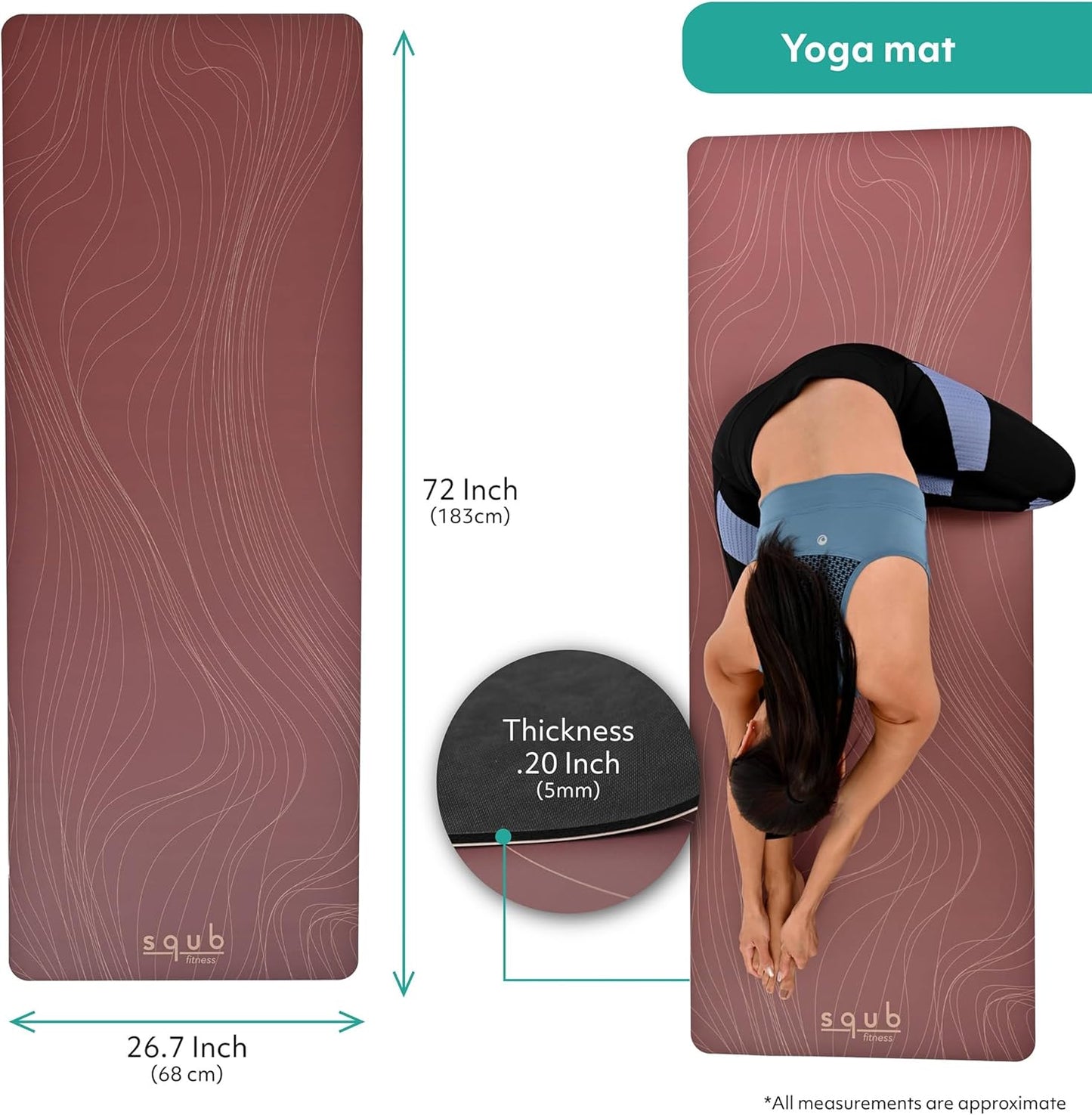 Yoga Mat Thick 5mm – Non Slip Exercise Mat Workout Surface, PU Natural Rubber Grip, Extra Large 183x68 cm Wide Design, Pilates Fitness Training, Includes Strap & Carry Bag