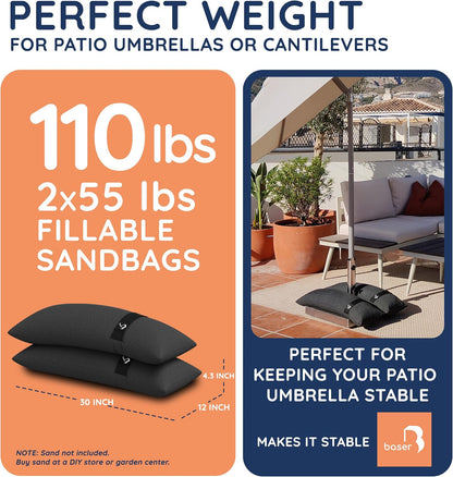 Baser Original Sandbags Fillable Weight Bags for Patio Umbrella Bases, Weather Resistant Recycled Polyester for Outdoor Furniture Windproof Stability